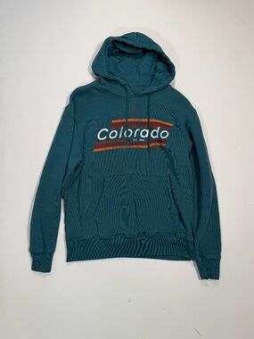 State of Mine Colorado Est. 1876 Retro Striped Pullover Hoodie Teal Blue Size M
